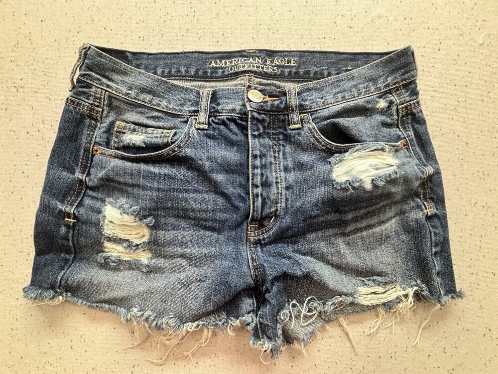 Y2K American Eagle Women's Distressed Denim Shorts Button Fly Ripped Blue Size 4